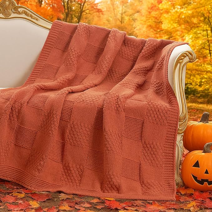 Amélie Home Checkered Chenille Knit Throw Blanket for Couch, Classic Texture Decorative Soft Blanket for Sofa, Chair & Bedroom, 50"x60", Burnt Orange