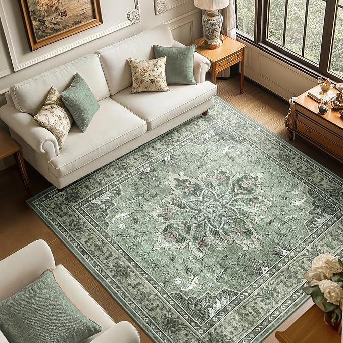 Area Rugs Square 6ft Washable Non-Slip, Floral Vintage Distress Print Pattern Medallion Carpet for Living Room Bedroom Dining Room, Dark Green Gray