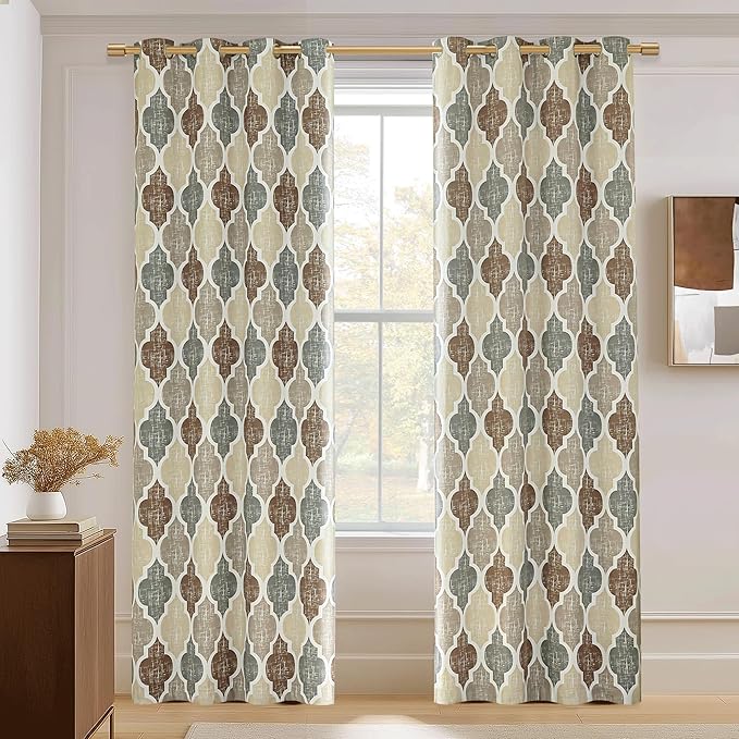 Beauoop 100% Blackout Curtains 72 Inches Long 2 Panels for Bedroom Living Room Brown Grey Moroccan Geo Room Darkening Thermal Insulated Soundproof Grommet Top Window Treatments Drapes, 50x72 Set of 2