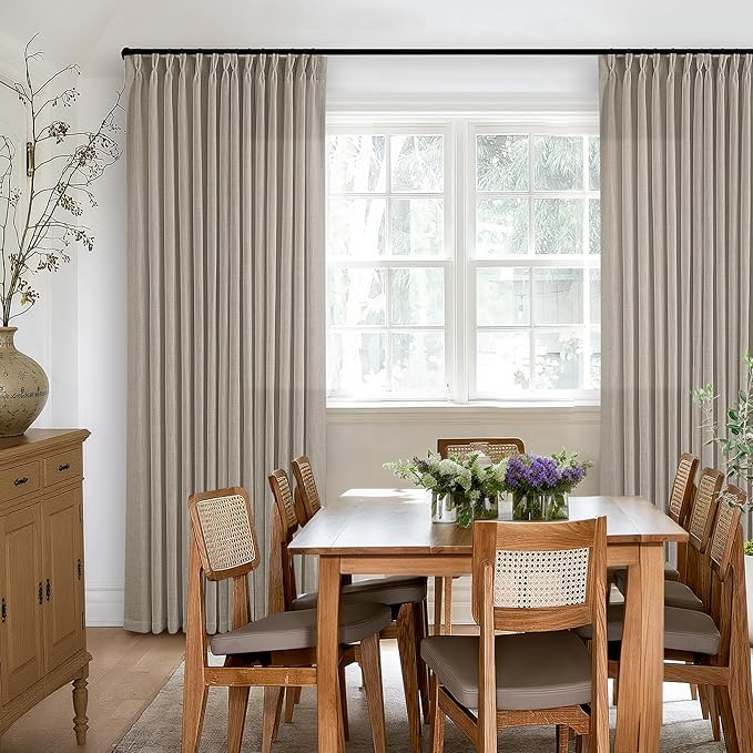 Pinch Pleated Linen Curtains 108 Inches Long for Living Room 2 Panels Set Greyish Beige Flax Double Pleated Drapes Back Tab Farmhouse Ceiling Floor 108 Inch Window Curtains Bedroom Burlywood Birch