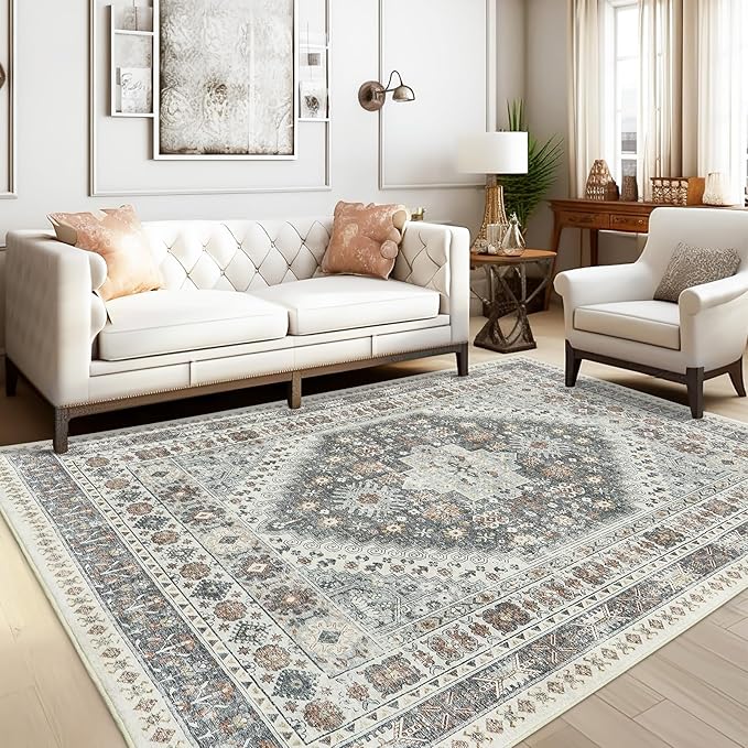 zesthome 5x7 Area Rugs - Ultra-Thin Washble Rug, Stain Resistant Anti Slip Backing Rugs for Living Room,Bedroom, Vintage Home Decor Area Rug (Grey/Orange,5'x7')