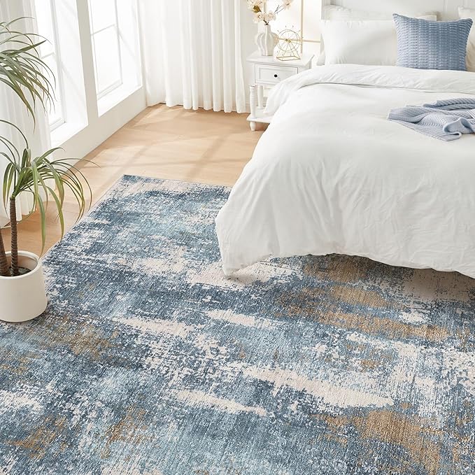 Area Rug Living Room Rugs - 6x9 Washable Soft Indoor Neutral Modern Abstract Low Pile Rug Carpet for Bedroom Dining Room Farmhouse Home Office - Blue Brown