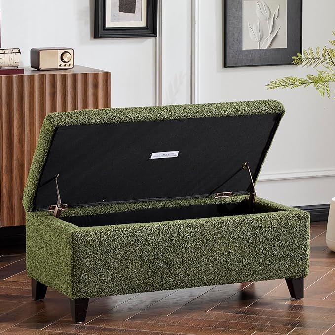 Storage Ottoman with Flip-Top Lid, Sturdy Birch Wood Legs, Footrest Bench with Ample Storage for Blankets, Pillows, Shoes, Extra Seating for Living Room, Bedroom, Entryway,Dark Brown+Green