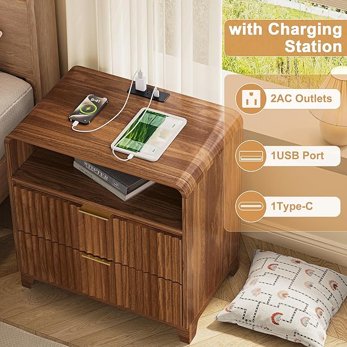 3 Pcs Bedroom Furniture Set, 8 Drawer Fluted Dresser and Nightstand Set of 2 with Charging Station, Modern Bed Side Table Chest of Drawers Storage Cabinet Set for Bedroom, Living Room, Walnut