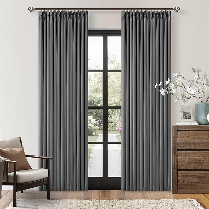 Dark Gray Linen Blackout Pleated 86 Inch Curtains for Living Room Darkening Pinch Pleat 100% Black Out Drapes Thermal Insulated Soundproof Charcoal Grey 86 Inch Curtain for Dining Bedroom
