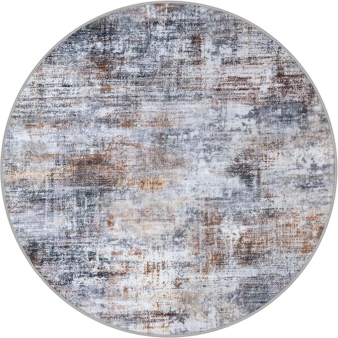 IOHOUZE Round Area Rug 3 Ft Circle Entryway Rugs Round Washable Door Mat Indoor Entrance, Non Slip Circle Front Door Rug, Printed Abstract Faux Wool Floor Carpet for Foyer Porch Sink, Orange Grey