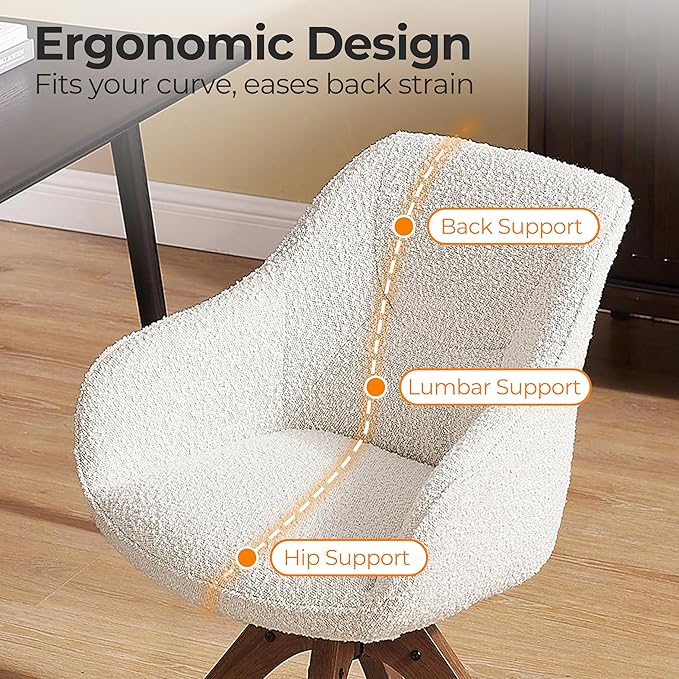 Zouron Mid Century Modern Accent Chair with Oak Wood Legs, Upholstered Swivel Chair No Wheels, Side Accent Armchair Vanity Chair for Small Space Home Office Living Room Bedroom, Ivory