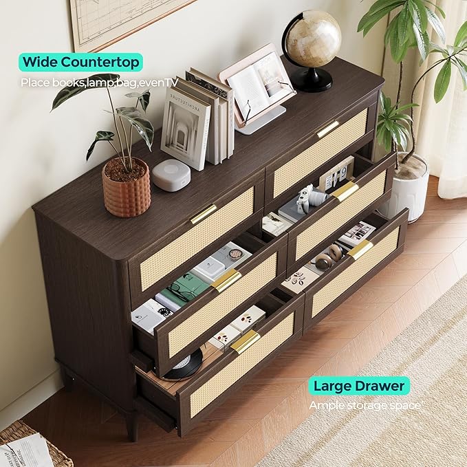 LINSY Rattan 6 Drawer Dresser for Bedroom, 54" Wide Mid-Century Modern Tall Chest of Drawers, Deep Storage Dresser with Curved Corner Design, Large Accent Wood Cabinet for Bedroom, Walnut