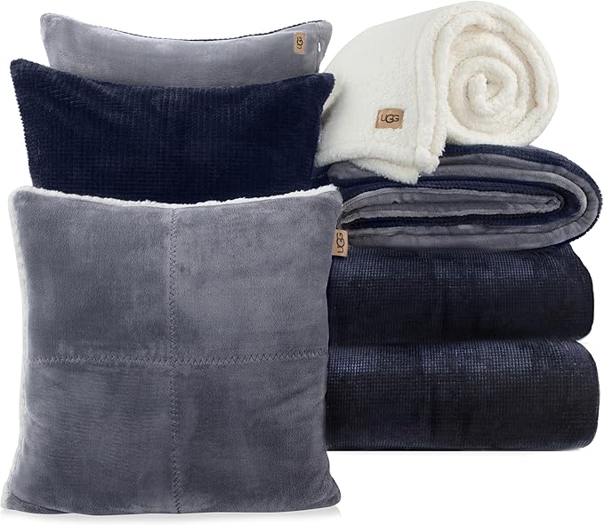 UGG Comforter Set 5 Piece Bed in a Bag with Throw Blanket, Decorative Pillow, Shams, and Reversible Comforter Hypoallergenic Washable Luxury Warm Fluffy Bedding Set, Navy Blue, King Size (Remina)