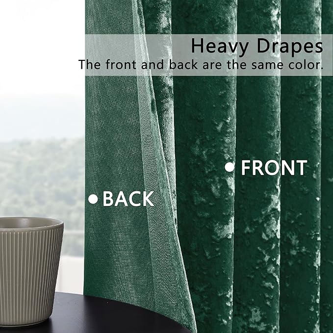 SMILETIME Forest Green Crushed Velvet Curtains 52x108inch Rod Pocket Luxurious Thermal Insulated Soundproof Drapes Soft and Durable Light-Filtering Window Treatments for Living Room Bedroom, 2 Panels