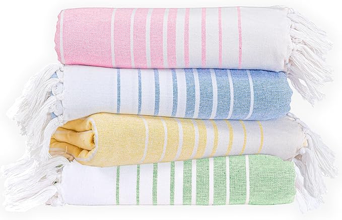 Native Fab Oversized Beach Towel, 4 Pack, 40x71 inches 100% Cotton Turkish Peshtemal for Adults,Soft & Absorbent, Extra Large Beach Towel for Hammam Spa Beach Blanket Bath, Cabana Strips, Multi Color