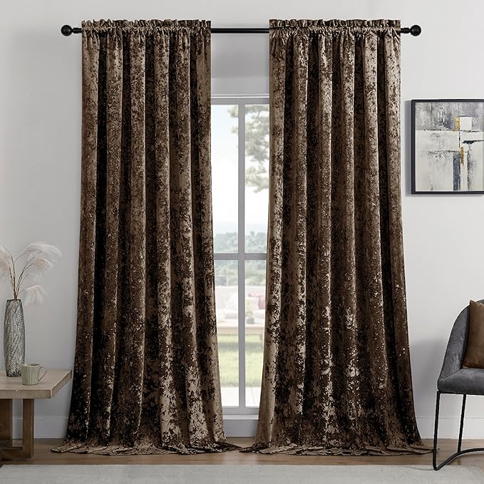 SMILETIME Chocolate Crushed Velvet Curtains 52x96inch Rod Pocket Luxurious Thermal Insulated Soundproof Drapes Soft and Durable Light-Filtering Window Treatments for Living Room Bedroom, 2 Panels