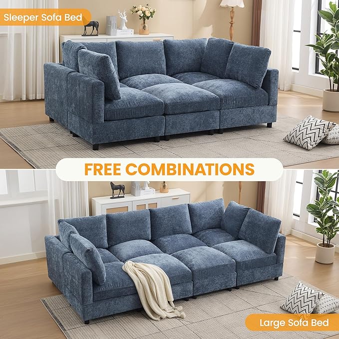 89'' Modular Sectional Cloud Sofa Bed, 6-Seater Convertible Sofa Couch with Ottoman, Modern Deep Seat Sleeper Sofa for Living Room, Chenille Blue