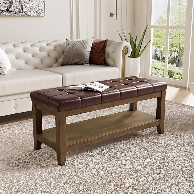 Solid Rubber Wood Shoe Bench, Easy-Clean PU Upholstered Seat, 770LB Load, Space-Saving Storage for Entryway/Living Room, Easy Assembly, Vintage Style, 43.3"x15.7"x17.7", Brown, UASND65R