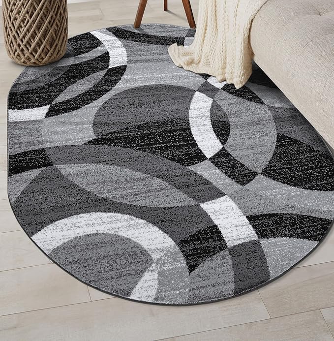 Rugshop Gray Modern Geometric Oval Rug, Abstract Circles, High-Traffic, Non-Shedding, for Living Room, Bedroom and Home Office, 5' x 7' Oval