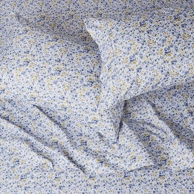 Amazon Basics Lightweight Super Soft Easy Care Microfiber 4 Piece Bed Sheet Set With 14-inch Deep Pockets, Queen, Blue Floral,Printed