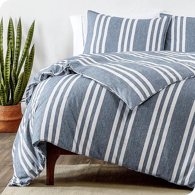 Bare Home Bedding Duvet Cover Queen Size - Premium 1800 Super Soft Collection - Lightweight, Cooling, Soft Breathable Duvet Cover (Queen, Stripe - Heathered Midnight Blue)