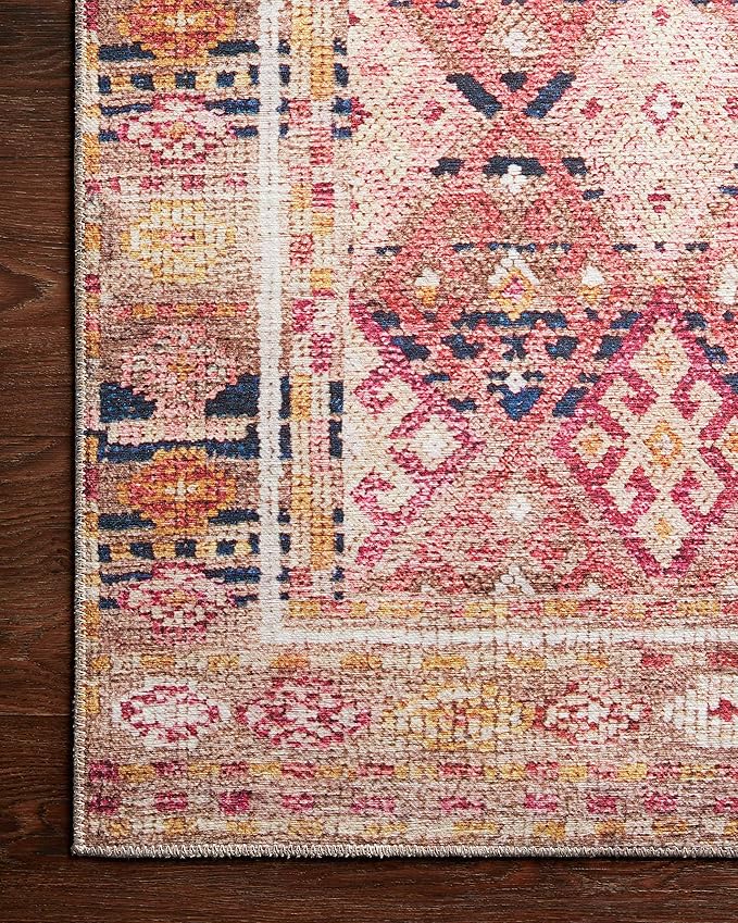 Loloi Layla Collection LAY-15 Magenta/Multi 2'-6" x 9'-6" .13" Thick Runner Rug, Soft, Durable, Vintage Inspired, Distressed, Low Pile, Non-Shedding, Easy Clean, Printed, Living Room Rug