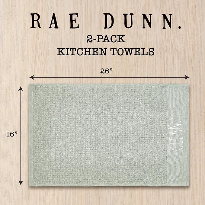Rae Dunn Hand Towels, Embroidered Decorative Hand Towel for Kitchen and Bathroom, 100% Cotton, Sage- Fresh/Clean, 16"x 26"