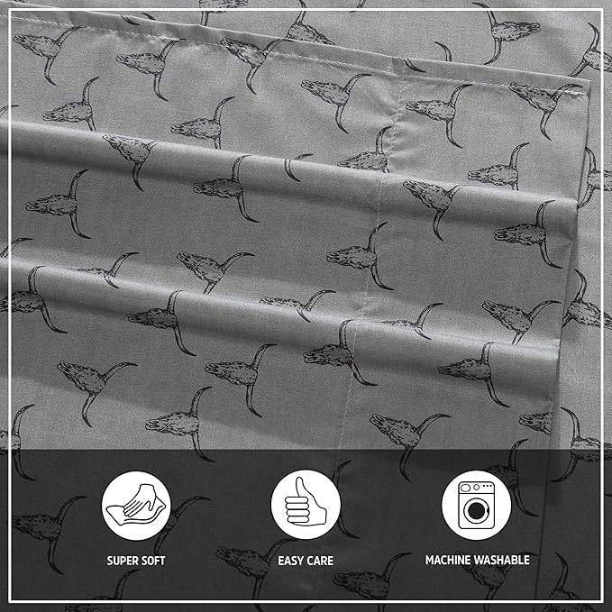 Wrangler - Twin XL Bed Sheets, Breathable & Wrinkle Resistant Bedding with Matching Pillowcase, Lightweight for Year-Round Use, Dorm Essentials (Steer Skulls Grey)