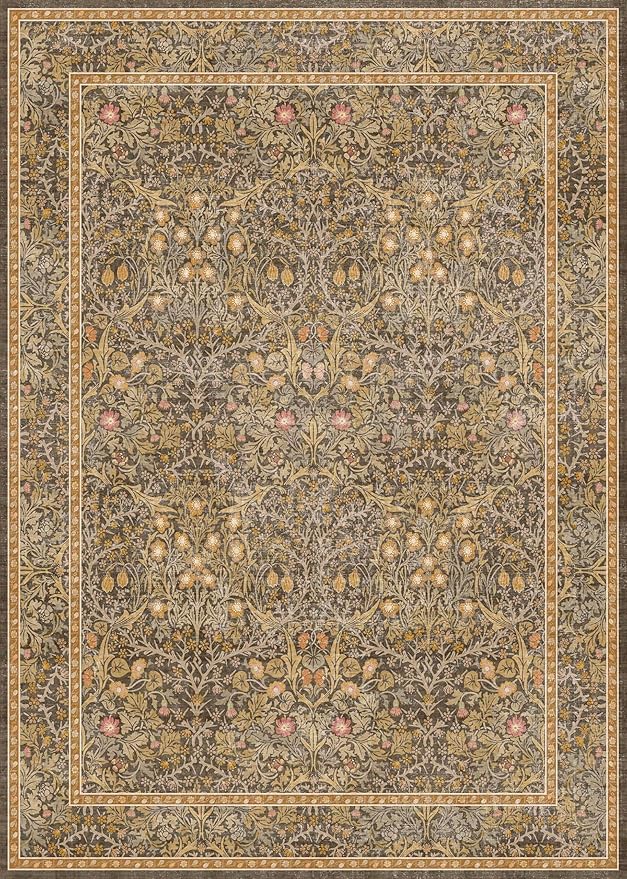 Gold Brown Floral Living Room Rug 5x7 - Vintage Forest Washable Area Rugs for Dining Room, Bedroom, Oriental Distressed Low Pile Non Slip Stain Resistance Indoor Earthy Carpet