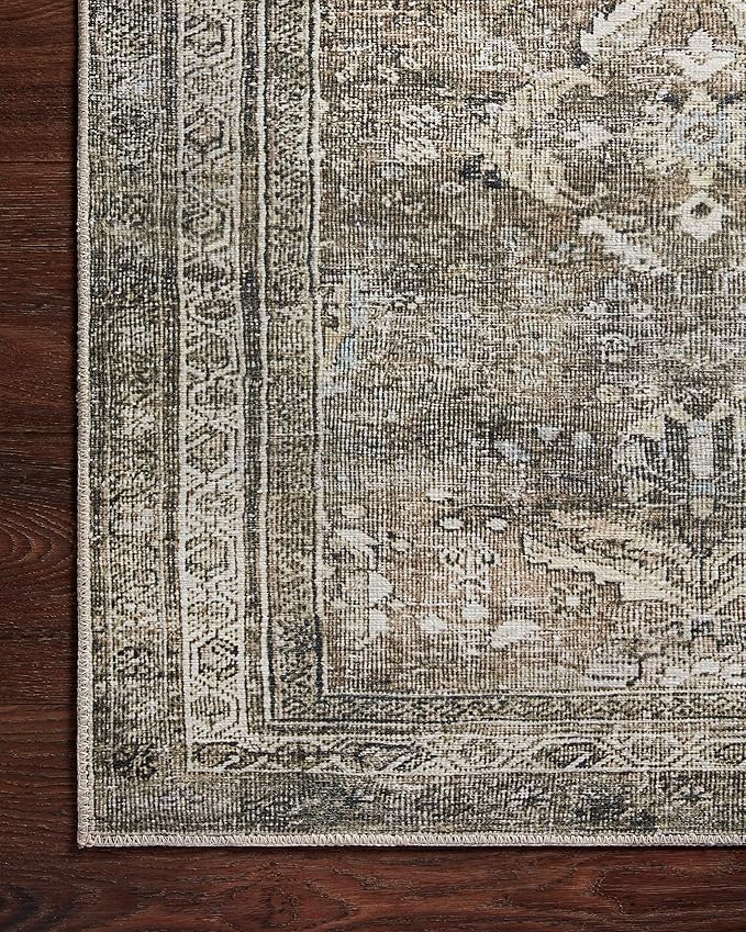 Loloi Layla Collection LAY-13 Antique/Moss 2'-6" x 7'-6" .13" Thick Runner Rug, Soft, Durable, Vintage Inspired, Distressed, Low Pile, Non-Shedding, Easy Clean, Printed, Living Room Rug