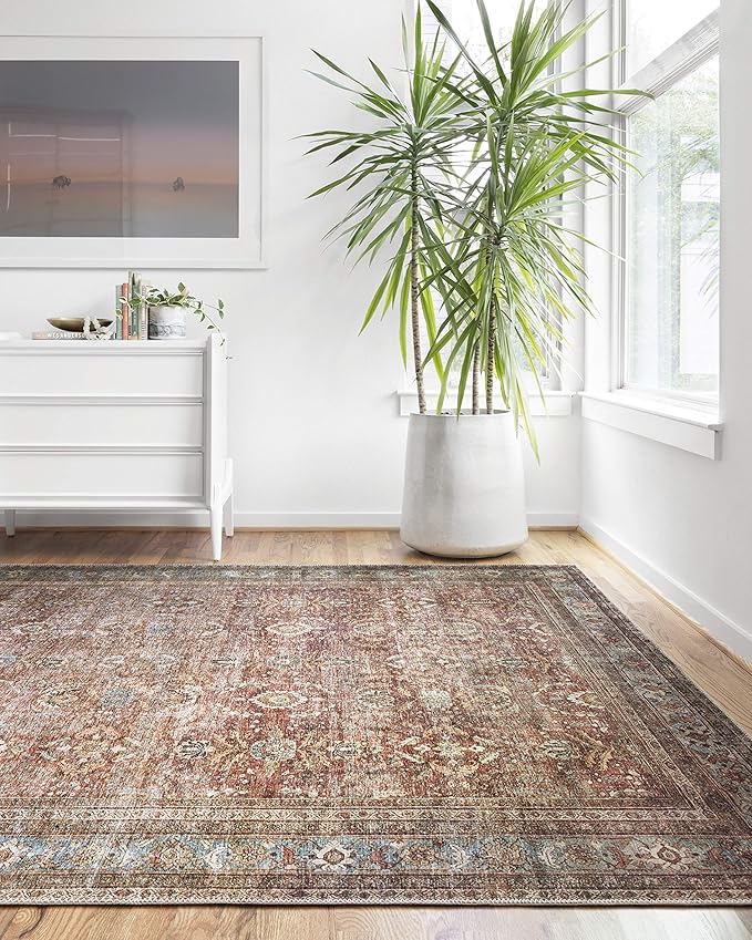 Loloi Layla Collection LAY-01 Brick/Blue 2'-6" x 12'-0" .13" Thick Runner Rug, Soft, Durable, Vintage Inspired, Distressed, Low Pile, Non-Shedding, Easy Clean, Printed, Living Room Rug