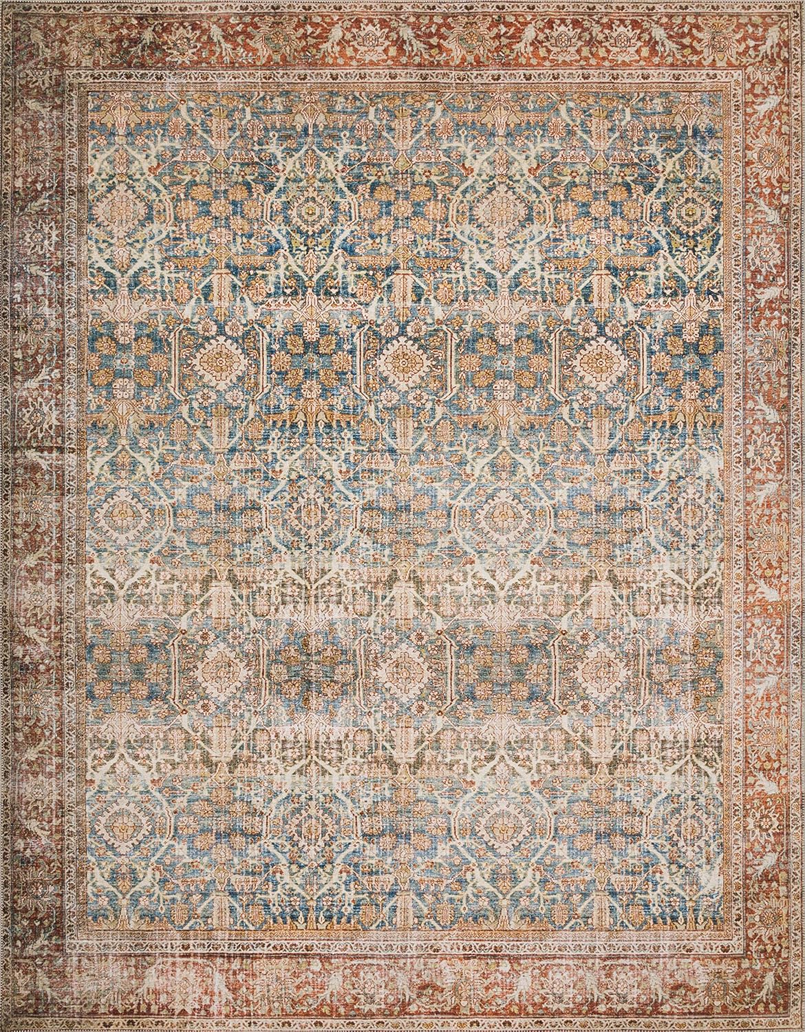 Loloi Layla Collection LAY-04 Ocean/Rust 9'-0" x 12'-0" .13" Thick Area Rug, Soft, Durable, Vintage Inspired, Distressed, Low Pile, Non-Shedding, Easy Clean, Printed, Living Room Rug