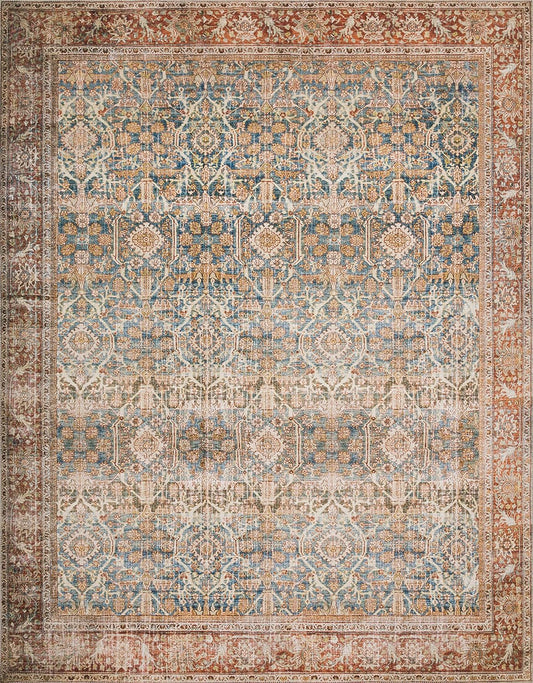Loloi Layla Collection LAY-04 Ocean/Rust 7'-6" x 9'-6" .13" Thick Area Rug, Soft, Durable, Vintage Inspired, Distressed, Low Pile, Non-Shedding, Easy Clean, Printed, Living Room Rug