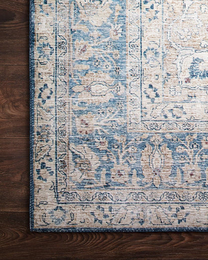 Loloi Layla Collection LAY-07 Blue/Tangerine 2'-6" x 9'-6" .13" Thick Runner Rug, Soft, Durable, Vintage Inspired, Distressed, Low Pile, Non-Shedding, Easy Clean, Printed, Living Room Rug