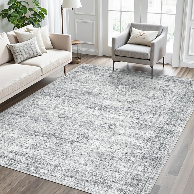 5x7 Area Rugs Gray Low Pile Indoor Washable Trendy Faded Style Rugs for Bedroom Living Room Dining Room Foldable Non-Slip Thin Grey Print Mat