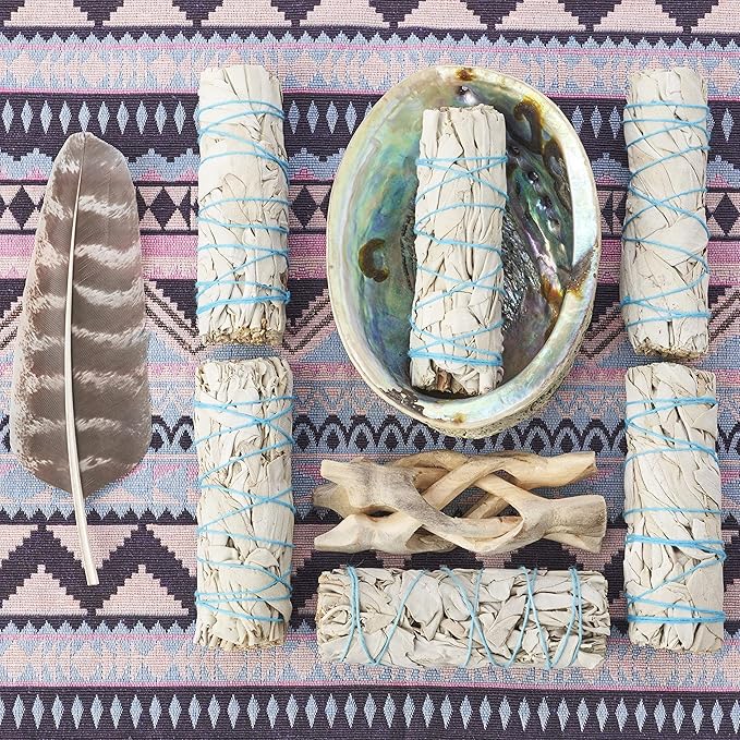 6 White Sage Smudge Kit with Feather + Abalone Shell + Stand + Instructions for Use | Spiritual Use Smoke Cleanse Ceremony Sage Bundle Smudging Kit (6 Sage Smudge Kit)