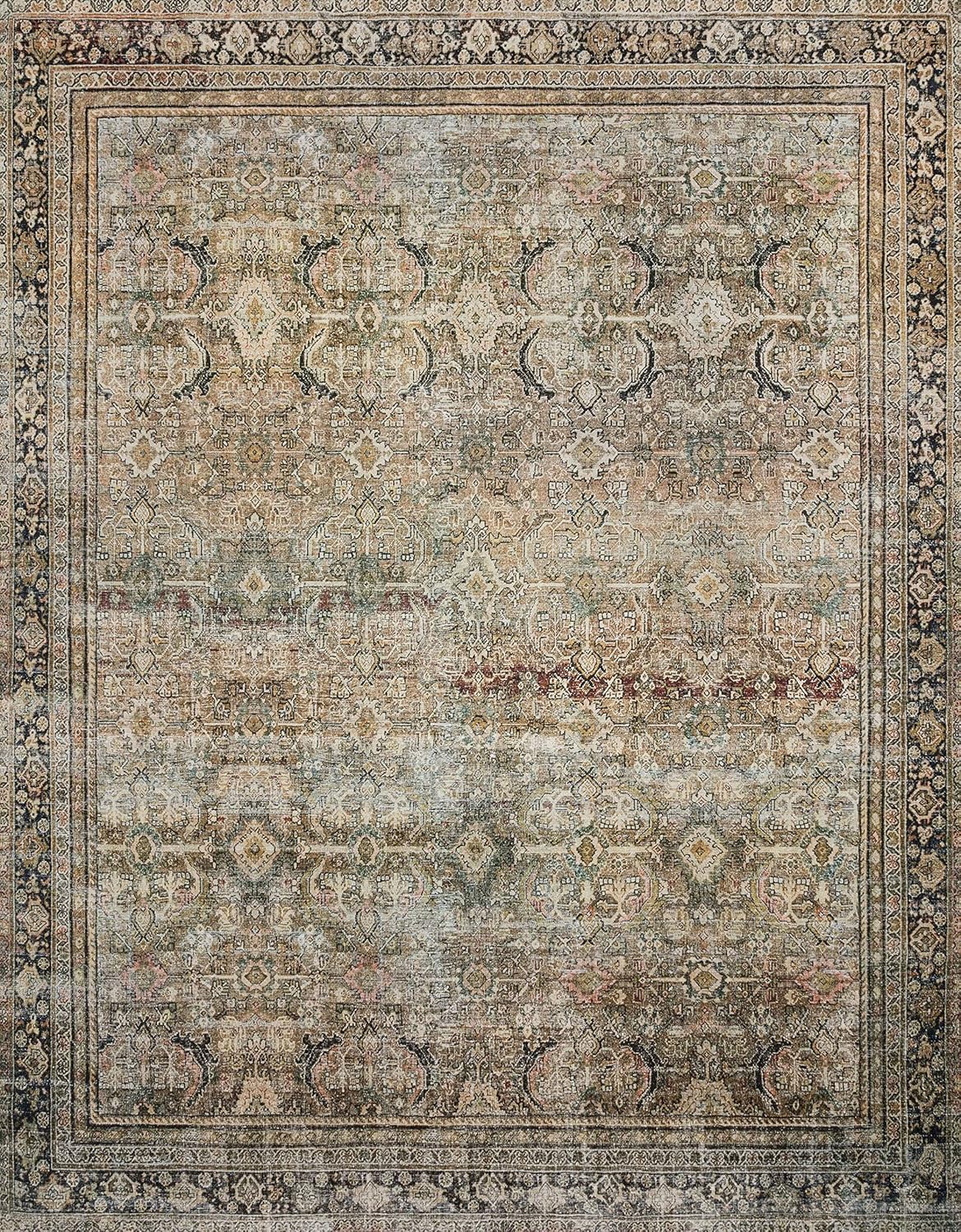 Loloi Layla Collection LAY-03 Olive/Charcoal 7'-6" x 9'-6" .13" Thick Area Rug, Soft, Durable, Vintage Inspired, Distressed, Low Pile, Non-Shedding, Easy Clean, Printed, Living Room Rug