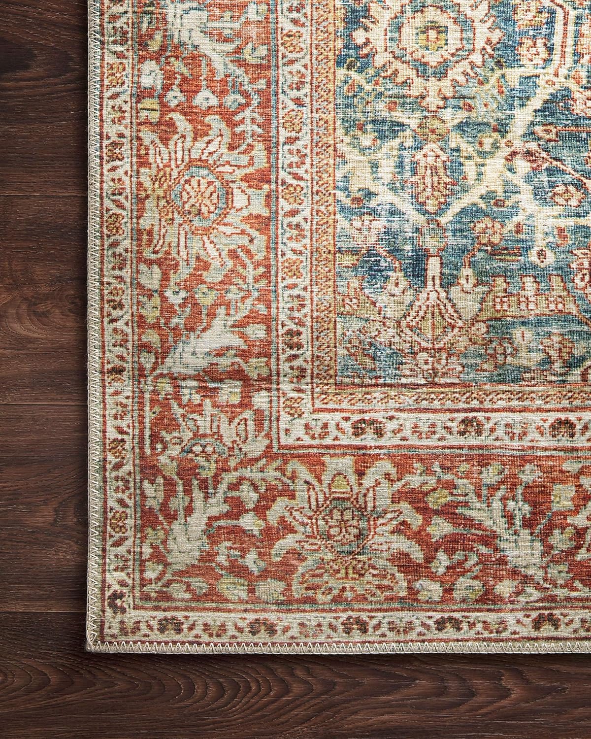Loloi Layla Collection LAY-04 Ocean/Rust 2'-6" x 7'-6" .13" Thick Runner Rug, Soft, Durable, Vintage Inspired, Distressed, Low Pile, Non-Shedding, Easy Clean, Printed, Living Room Rug