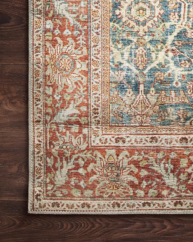Loloi Layla Collection LAY-04 Ocean/Rust 3'-6" x 5'-6" .13" Thick Accent Rug, Soft, Durable, Vintage Inspired, Distressed, Low Pile, Non-Shedding, Easy Clean, Printed, Living Room Rug