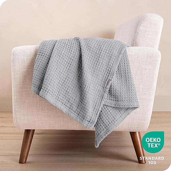 Bare Home Light Grey Waffle Blanket, Throw Size 44Wx66L, 100% Cotton, Soft & Breathable for All Seasons, Lightweight, Perfect for Layering Bed, Sofa & Couch (Throw/Travel, Light Grey)