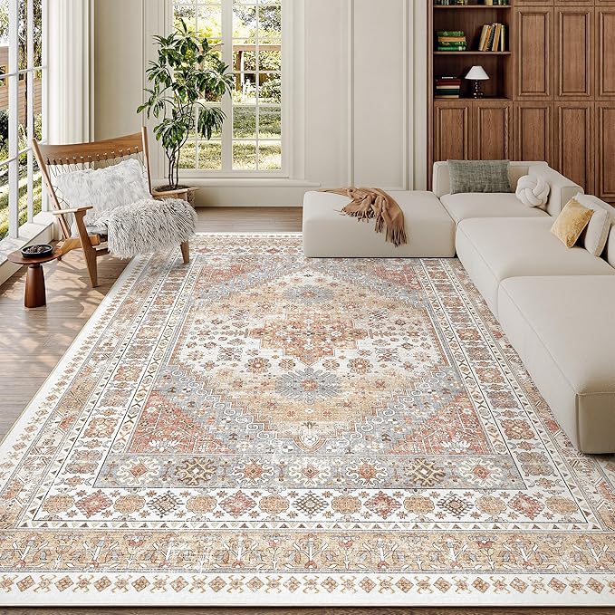 zesthome 7x9 Area Rug, Super Soft Washable Rugs for Living Room, Non-Slip Stain Resistant Vintage Rugs, Ultra-Thin Large Area Rugs (Orange,7'x9')