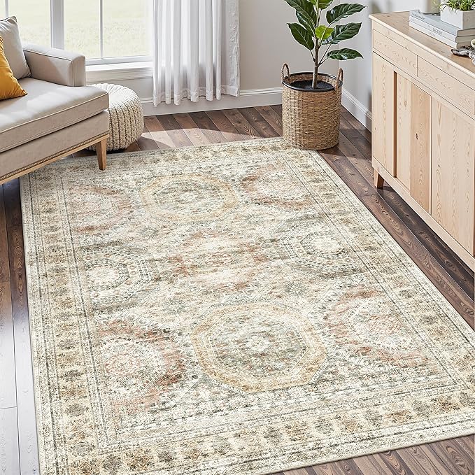 5x7 Area Rugs Brown Pink Low Pile Indoor Washable Trendy Faded Style Rugs for Bedroom Living Room Dining Room Foldable Non-Slip Thin Print Mat