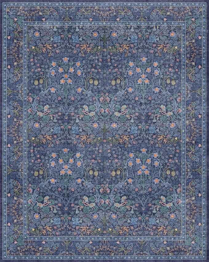 Dark Blue Living Room Rug 8x10, Vintage Floral Washable Area Rugs for Bedroom, Dining Room Under Kitchen Table, Oriental Low Pile Stain Resistant Non-Slip Large Navy Decor