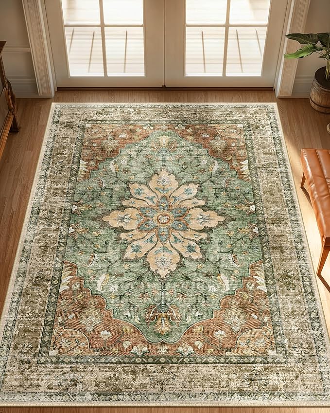 Area Rugs 3'x4' Washable Non-Slip, Floral Vintage Distress Print Pattern Medallion Carpet for Living Room Bedroom Dining Room, Brick Red Rust Neutral Brown Burnt Orange Green