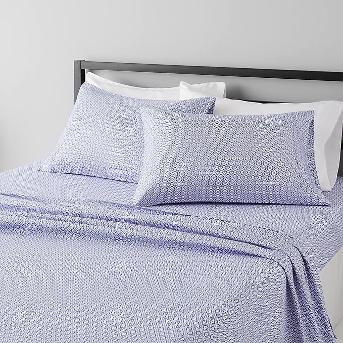 Amazon Basics Lightweight Super Soft Easy Care Microfiber 4 Piece Bed Sheet Set With 14" Deep Pockets, Queen, Blue Damask, Printed