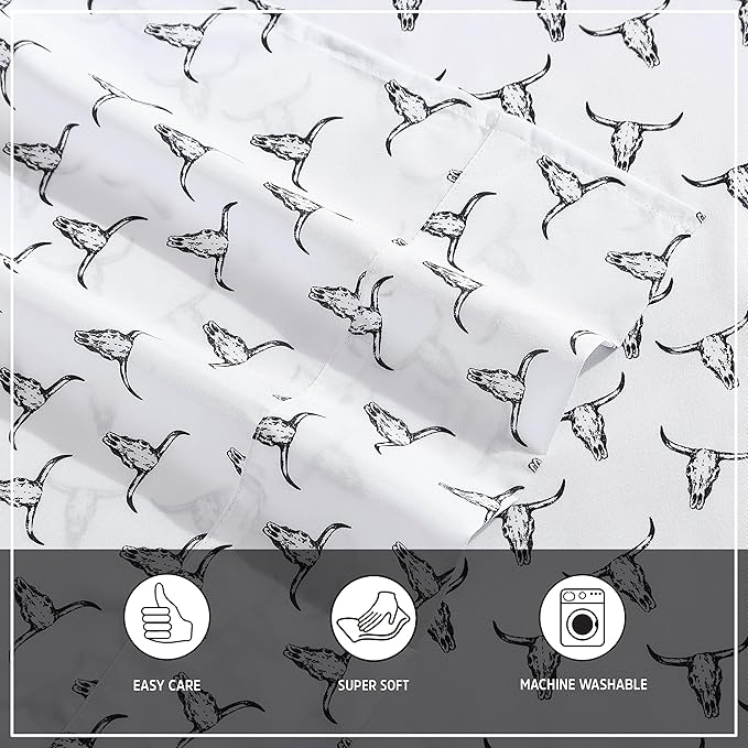 Wrangler - Queen Bed Sheets, Ultra-Soft & Lightweight Bedding with Matching Pillowcases, Lightweight Bed Set for All Season Comfort, Oeko-Tex Certified (Steer Skulls Black)