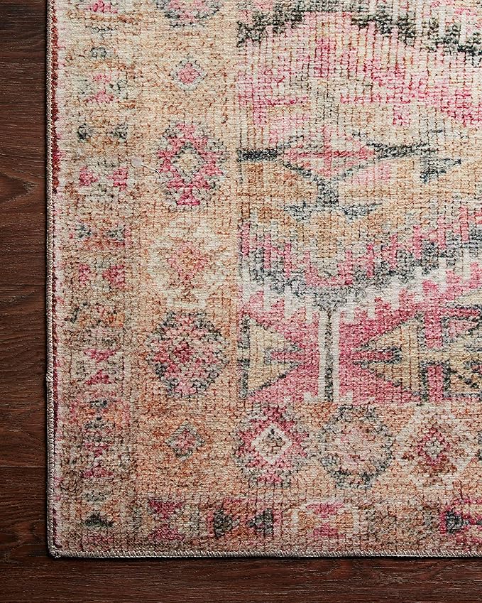 Loloi Layla Collection LAY-17 Pink/Lagoon 5'-0" x 7'-6" .13" Thick Area Rug, Soft, Durable, Vintage Inspired, Distressed, Low Pile, Non-Shedding, Easy Clean, Printed, Living Room Rug