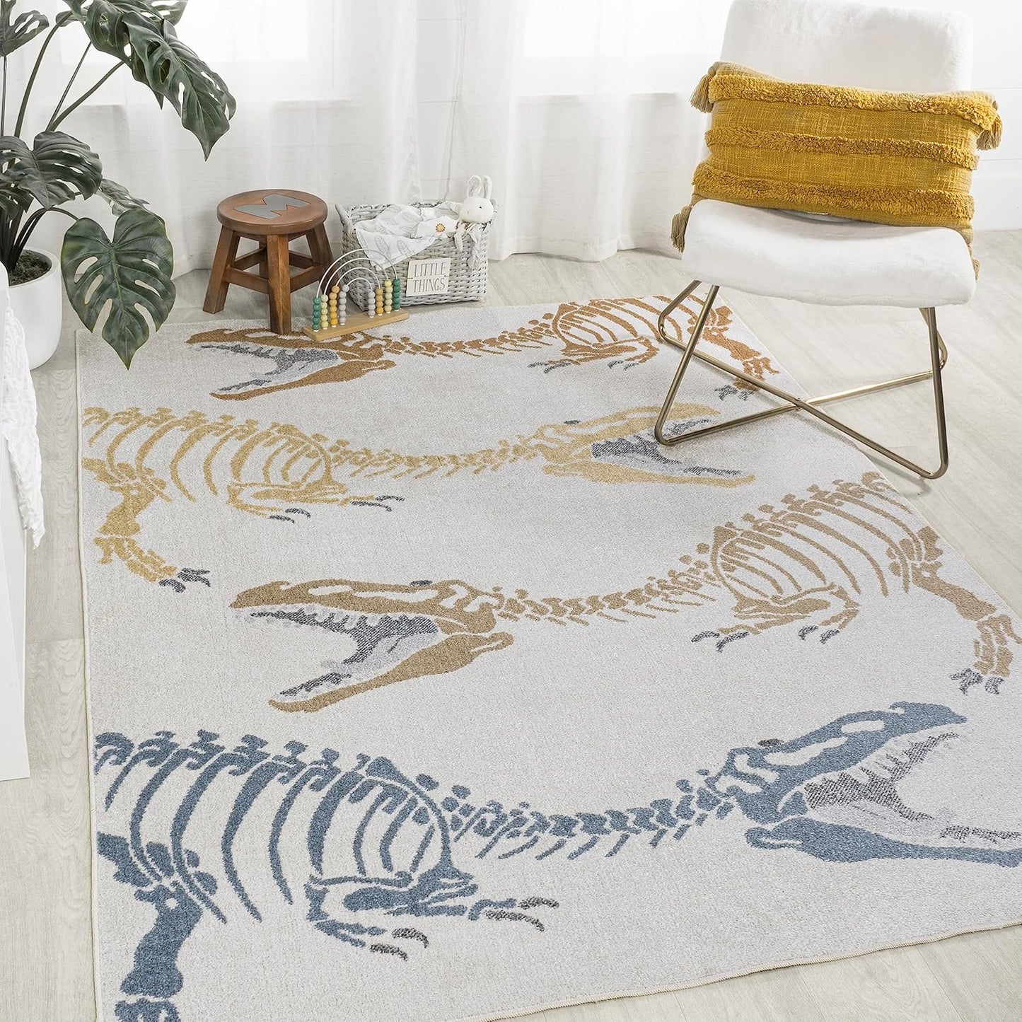 JONATHAN Y Machine-Washable Cream/Multi Indoor Area Rug, 4x6, Kingdarr T-Rex Modern, Casual, Kids & Novelty for Living Room, Dining Room, Bedroom, Kitchen Easy-Cleaning, Non-Shedding (KDW103A-4)