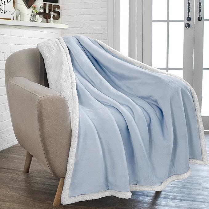 PAVILIA Sherpa Fleece Throw Blanket for Couch, Twin Size, Light Blue, Plush Soft Fuzzy Sofa Blanket, Cozy Reversible Winter Throw for Women Men, 60x80 Inches