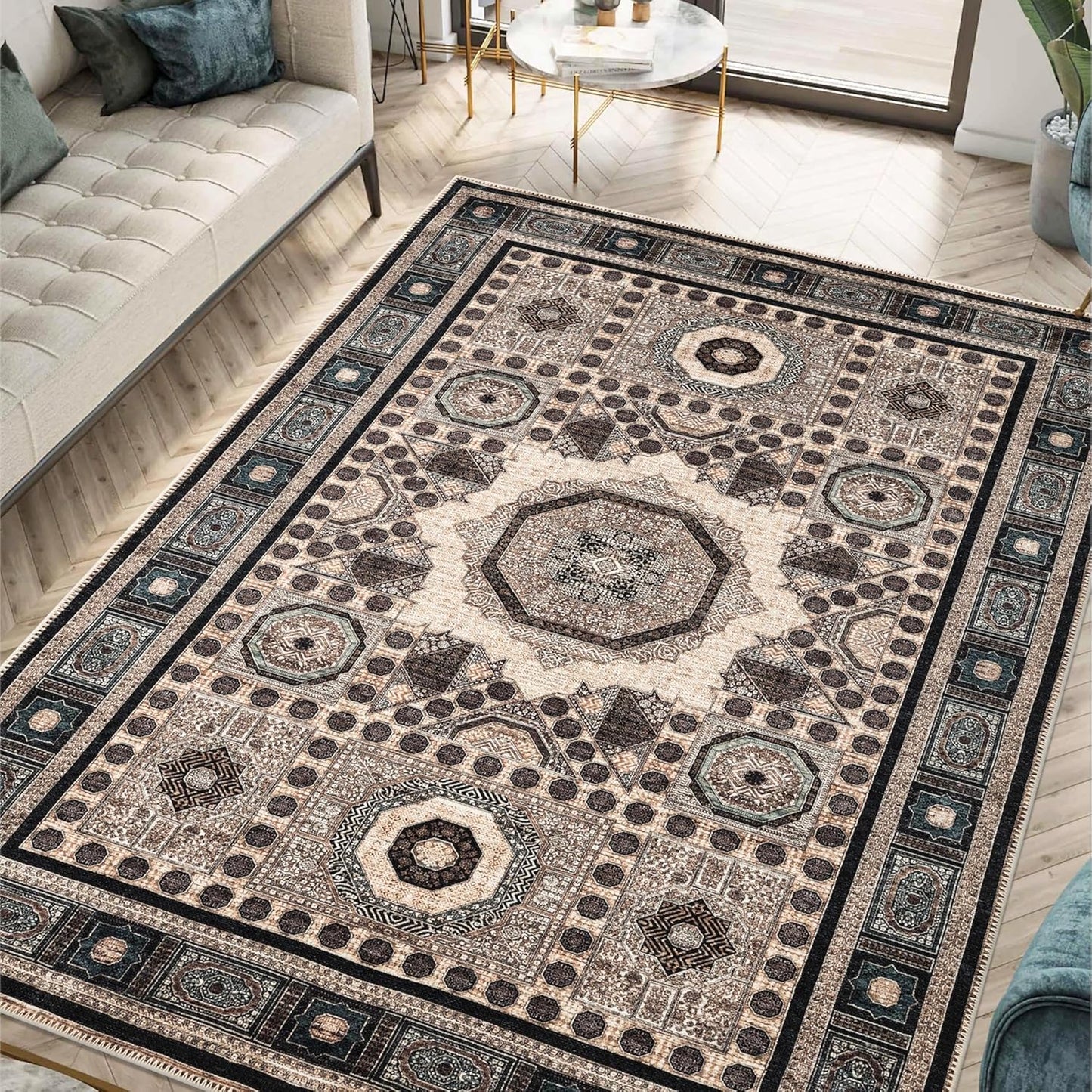 Keen Home Design 4x6 Rug - Machine Washable Area Rug with Non-Slip Backing, Ideal for Living Room, Dining Room, Bedroom - Vintage, Easy Clean, Durable, Low Pile Rug - (4' x 6')