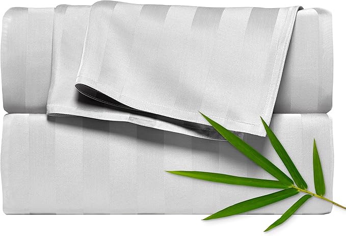 Pure Bamboo Split King Sheets, Genuine 100% Organic Viscose Derived from Bamboo Bed Sheet Set, Soft & Cooling, Double Stitching, 2 Fitted Sheets (Split King, Jacquard White)