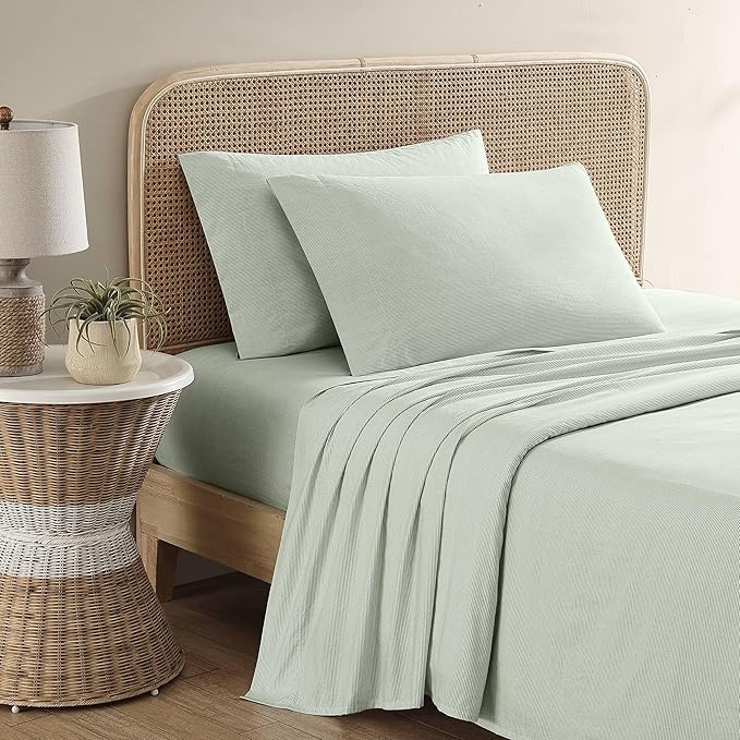 Tommy Bahama - Queen Sheets, Washed Percale Cotton Bedding Set, Soft & Breathable Bedroom Decor with Deep Pockets (Island Cays Stripe Green, Queen)