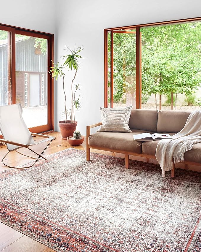Loloi Layla Collection LAY-12 Ivory/Brick 3'-6" x 5'-6" .13" Thick Accent Rug, Soft, Durable, Vintage Inspired, Distressed, Low Pile, Non-Shedding, Easy Clean, Printed, Living Room Rug