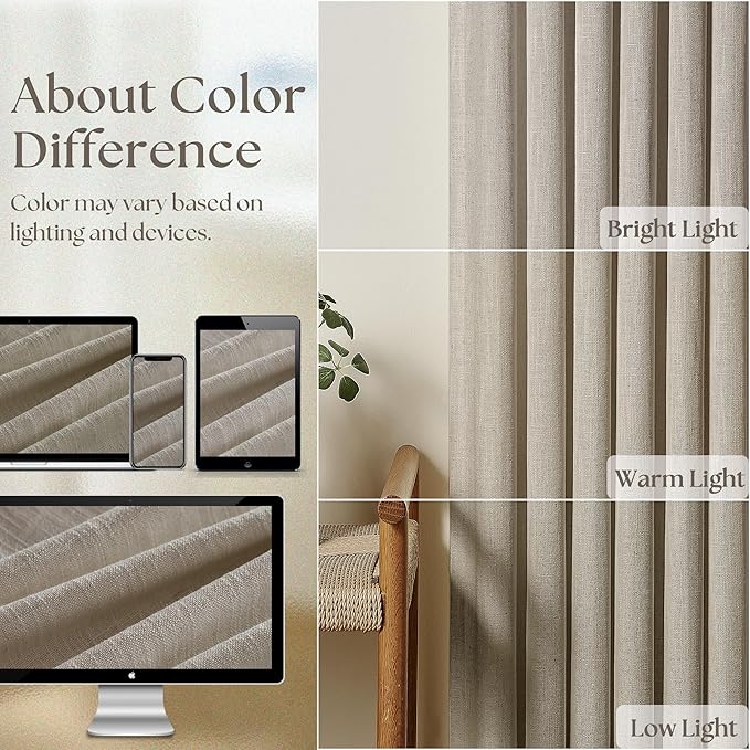 Burlywood Birch Pinch Pleated Linen Curtains 2 Panels for Living Room Bedroom Memory Training Shaped Semi Sheer Pleat Drapes with Hooks Rings Light Filtering Window Curtain 40x54